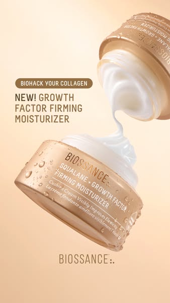 This ad showcases Biossance's Growth Factor Firming Moisturizer. It highlights the product's ability to biohack 