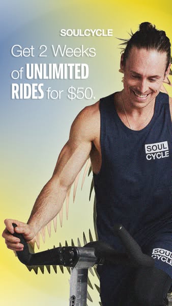 This image ad promotes SoulCycle, offering 2 weeks of unlimited rides for $50. The ad features a man on a SoulCycle bike