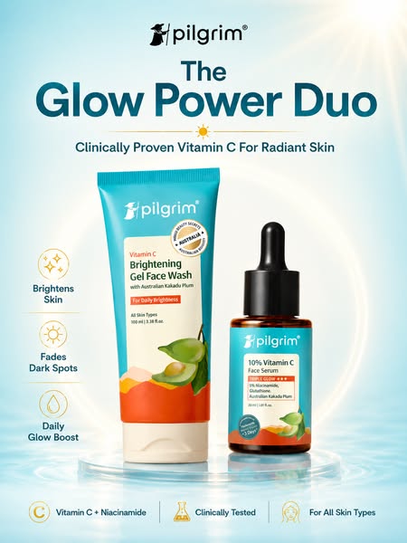 This ad features Pilgrim's Glow Power Duo, a clinically proven vitamin C skincare set for radiant skin. The image sh