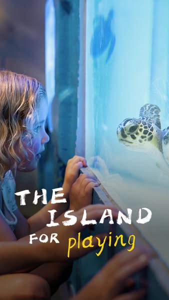 An image ad shows a little girl in an aquarium looking at a swimming sea turtle. The ad has the text "THE ISLAND fo