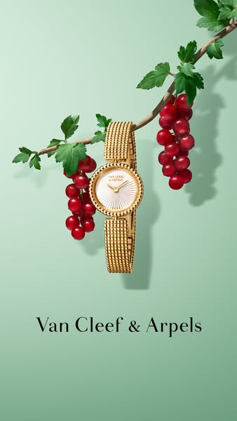 This image ad features a Van Cleef & Arpels watch suspended from a branch with red berries on a green background. Th