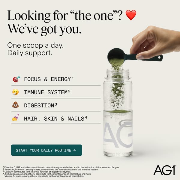 The image ad highlights the benefits of using AG1. It targets individuals seeking to enhance their focus and energy, imm