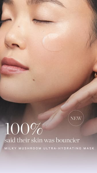 This ad features a close-up of a woman's face with a clear gel on her cheek, promoting a hydrating mask. The ad high