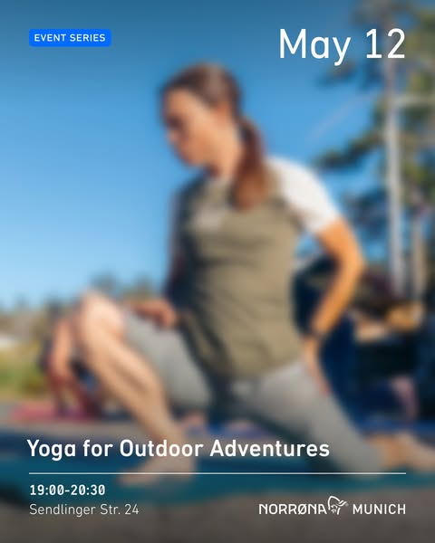 This image ad promotes a yoga event for outdoor adventures hosted by Norrøna Munich on May 12. The ad features a blurred