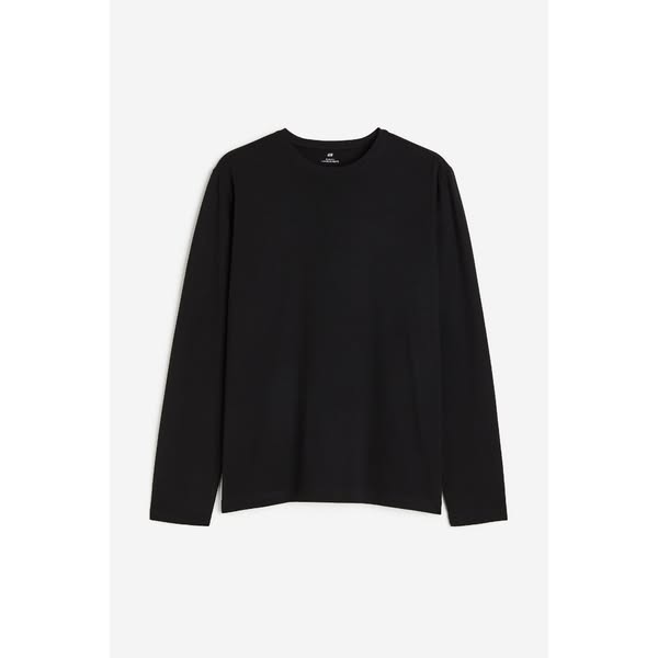 This ad features a plain black long-sleeved shirt against a white background.