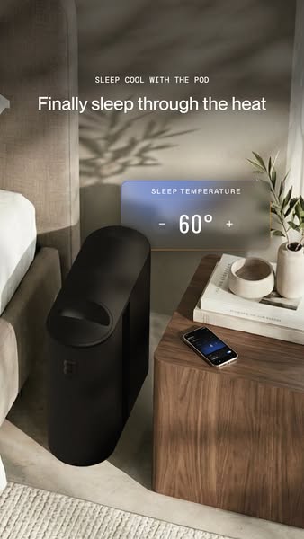 The ad showcases the Pod, a product designed to regulate sleep temperature. The ad highlights the benefit of sleeping th