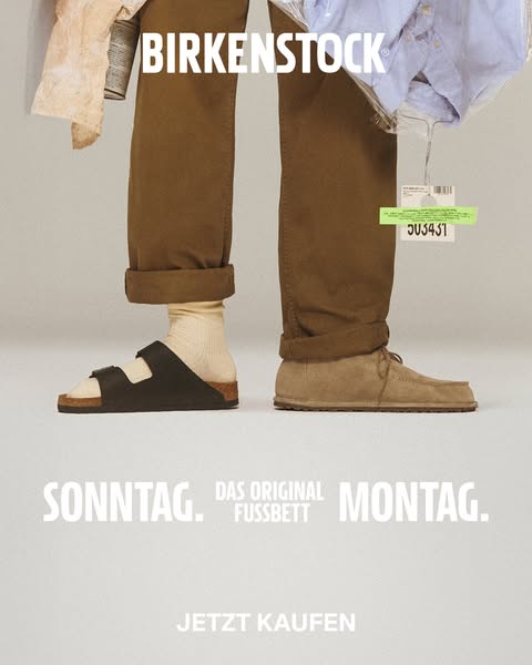 This image ad contrasts two footwear options from Birkenstock, suggesting one is appropriate for casual weekend wear and