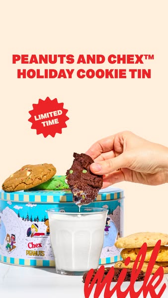 This ad promotes Chex Peanut holiday cookies in a limited-edition tin. The ad features a hand dipping a cookie into a gl