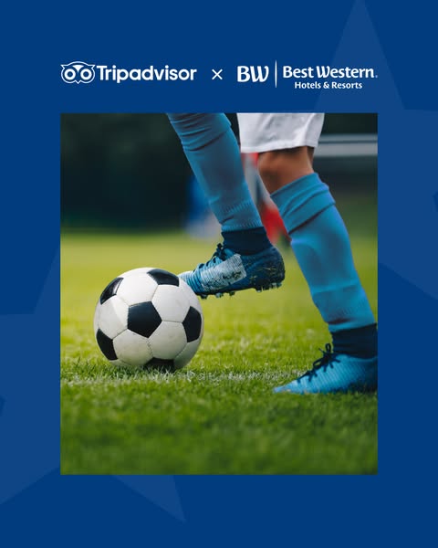This ad promotes a partnership between Tripadvisor and Best Western Hotels & Resorts. The visual features a soccer p