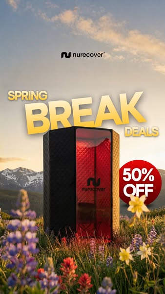 This ad promotes NURECOVER's products with a 50% off Spring Break Deals offer, set against a vibrant outdoor backdro