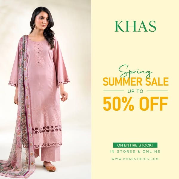 This image ad by KHAS promotes a spring/summer sale with up to 50% off on the entire stock, available in stores and onli