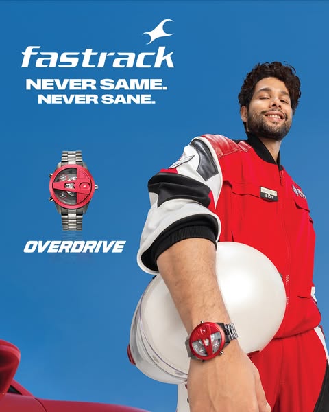 This image ad promotes Fastrack Overdrive watches by featuring a man in racing attire, aiming to capture an active and a