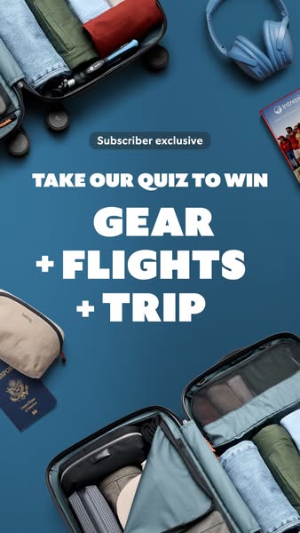 This ad promotes a contest where the subscriber will take a quiz for a chance to win gear, flights and a trip.