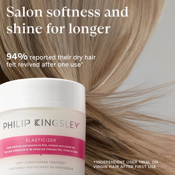 This ad for Philip Kingsley Elasticizer features the product in front of shiny blonde hair. The ad emphasizes that 94% o