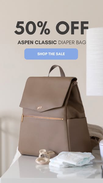 This ad promotes a 50% off sale for the Aspen Classic Diaper Bag. It features a product image and a call to action to sh