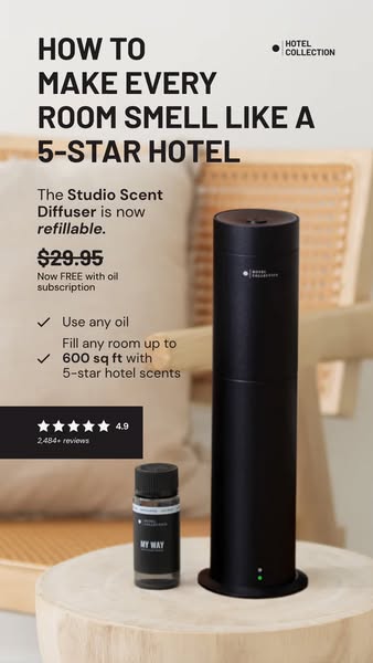 Ad for Hotel Collection Studio Scent Diffuser promoting the ability to make every room smell like a 5-star hotel. The ad