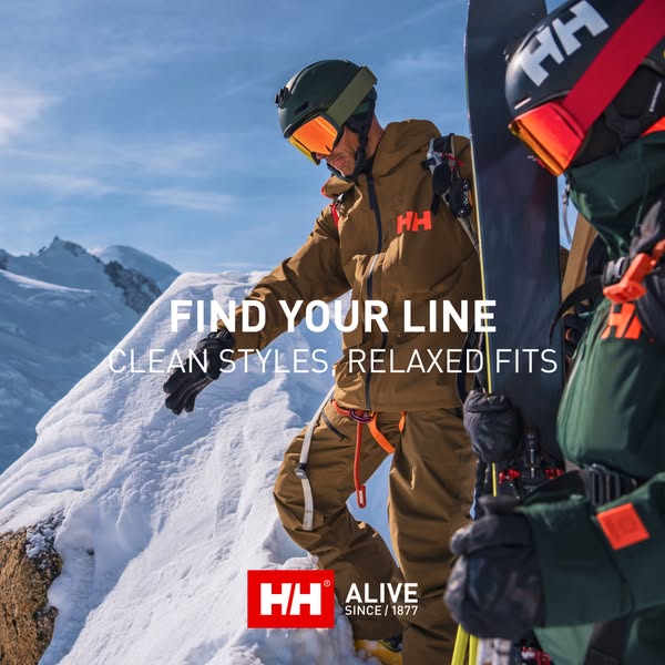 This image ad for Helly Hansen features two skiers/snowboarders and highlights the brand's clean styles and relaxed 