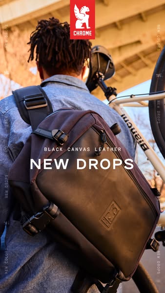 This image ad showcases Chrome Industries' new sling bag that is made with black canvas and leather.