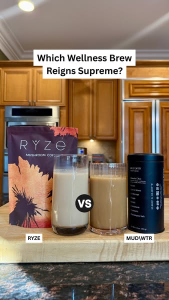 This ad compares two wellness brews, RYZE mushroom coffee and MUD\WTR.