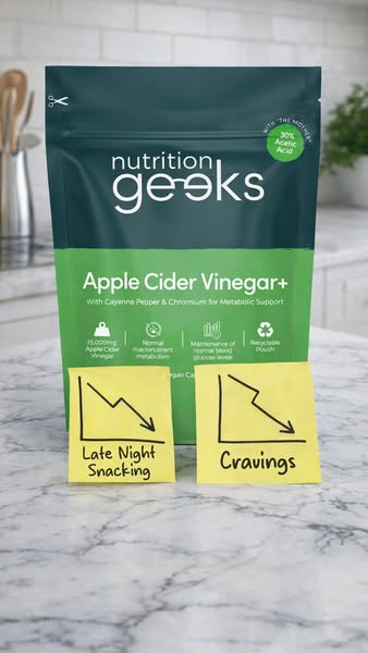 This image ad for Nutrition Geeks' Apple Cider Vinegar+ aims to showcase its benefits by visually representing the d