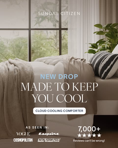 This image ad promotes the Cloud Cooling Comforter from Sunday Citizen. The ad highlights the product's cooling capa