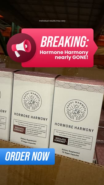 This image ad is for Happy Mammoth Hormone Harmony. It shows multiple boxes of the product in a cardboard box. A red gra