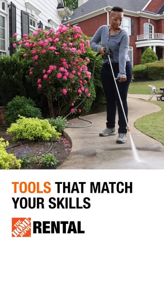 This ad shows a woman using a Home Depot power washer to clean a sidewalk.