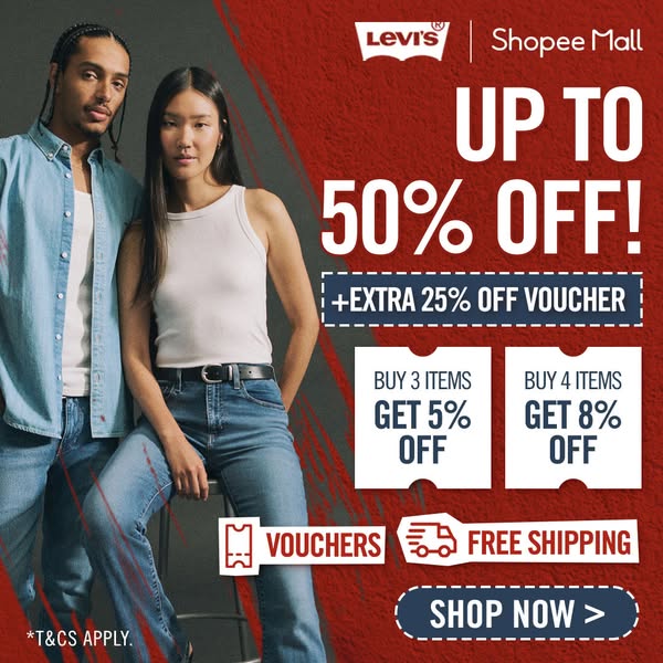 This image ad promotes Levi's apparel via Shopee Mall, highlighting a discount of up to 50% off and other voucher pr