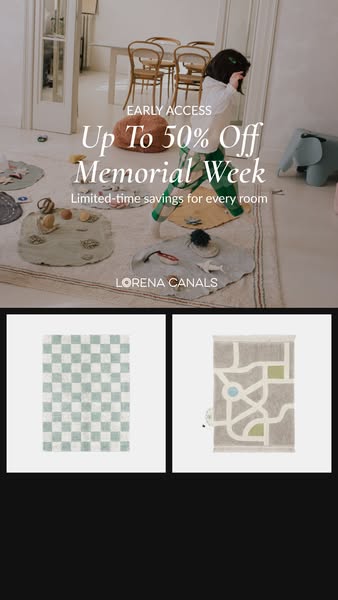 This ad promotes Lorena Canals rugs for Memorial Week, offering up to 50% off. The ad features a playroom scene and show
