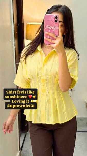 This ad features a young woman showcasing a striped yellow shirt, which she describes as feeling like sunshine. She is u