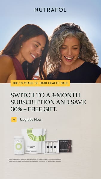 This ad promotes a subscription to Nutrafol supplements and entices customers to upgrade to a 3-month subscription in or