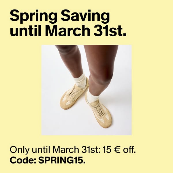 This ad showcases a pair of shoes in a lifestyle shot. The ad highlights a time-sensitive offer for spring savings.