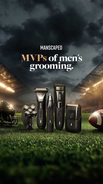 This image ad showcases a set of MANSCAPED grooming products in an American football stadium setting.