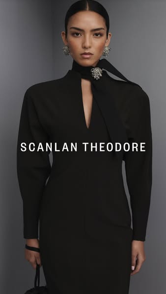 This ad for Scanlan Theodore features a woman in a black dress with a gray background. The brand name is displayed in wh