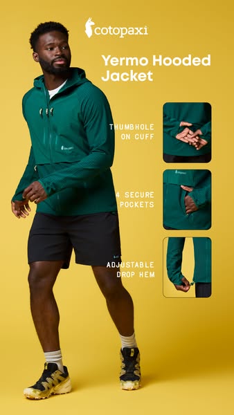 This ad promotes Cotopaxi's Yerma Hooded Jacket. It presents key features like thumbholes, secure pockets, and an ad