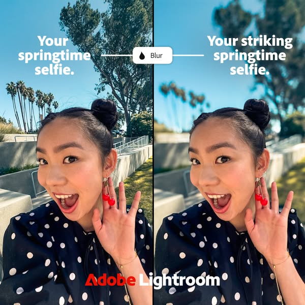 This ad uses a split screen to display before and after versions of a selfie, demonstrating the blur feature in Adobe Li