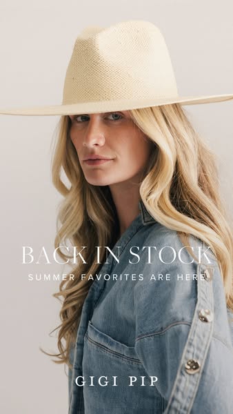 An ad promoting Gigi Pip summer hats that are back in stock, featuring a woman wearing the hat.