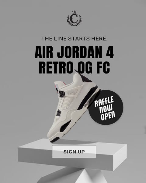 This ad promotes a raffle for Air Jordan 4 Retro OG FC sneakers. The ad features a single sneaker on a geometric platfor