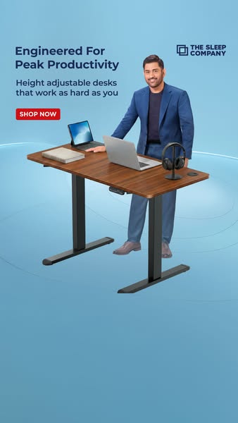 This image ad for The Sleep Company features a height-adjustable desk with the tagline "Engineered for Peak Product