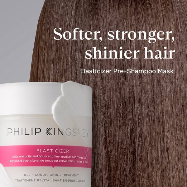This image ad showcases Philip Kingsley's Elasticizer Pre-Shampoo Mask. The ad highlights the product's ability 
