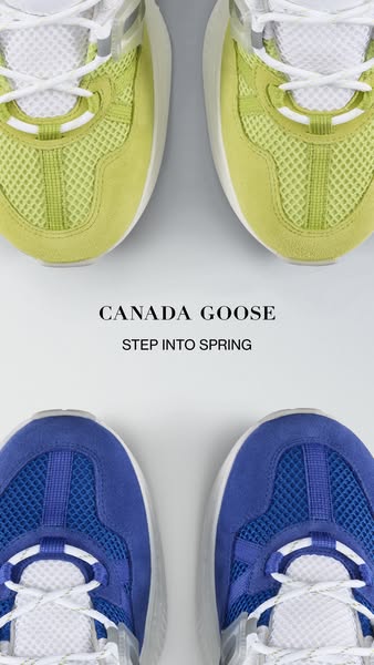 This ad showcases two pairs of Canada Goose shoes from a high angle to emulate a spring color palette.
