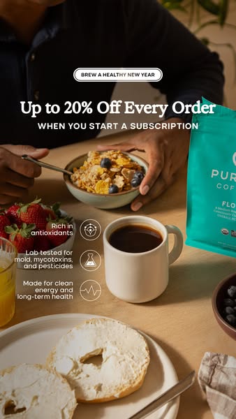 This image ad promotes a coffee subscription, highlighting benefits like antioxidant richness, lab testing for purity, a
