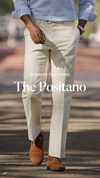 This ad showcases a pair of light-colored tailored pants, emphasizing their suitability for summer wear. The focus is on