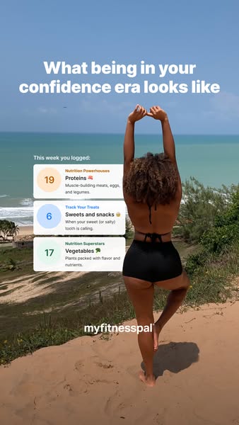 This MyFitnessPal ad features a woman in workout clothes standing on a beach doing yoga. The ad shows a mobile app-style