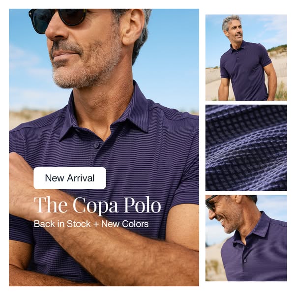 This image ad features a close-up of a man wearing a Copa Polo shirt, with additional views of the shirt shown in smalle