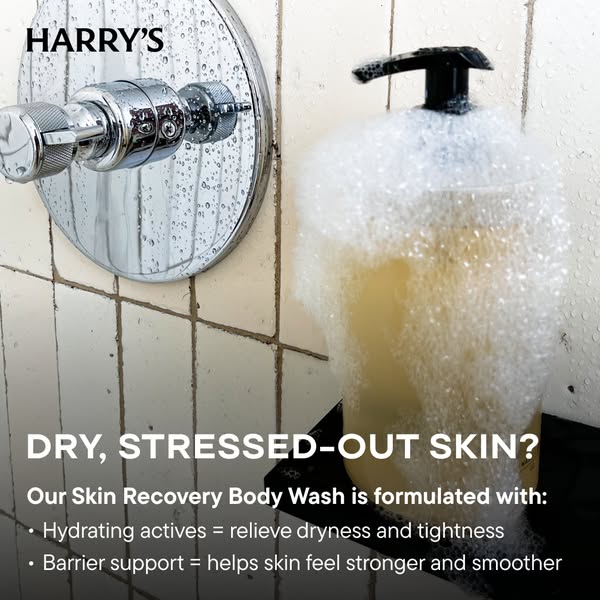 Image ad showcasing Harry's Skin Recovery Body Wash in a shower setting, highlighting its formulation with hydrating