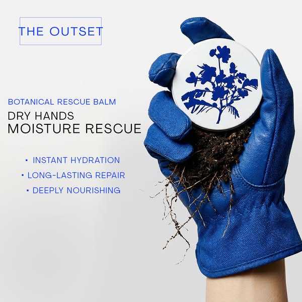 This image ad for The Outset's Botanical Rescue Balm highlights the balm's instant hydration, long-lasting repai