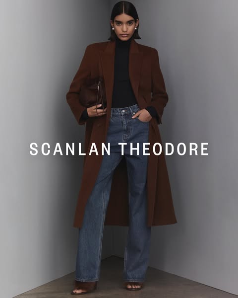 This ad features a full body shot of a person modeling apparel from Scanlan Theodore.