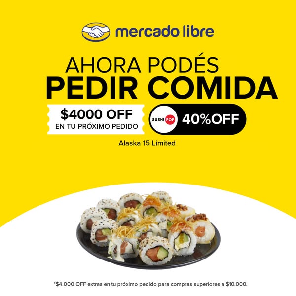 This image ad promotes Mercado Libre's food delivery service, highlighting a discount on sushi orders from Alaska 15