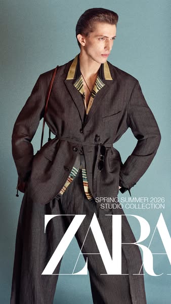 This ad showcases a fashion-forward ensemble from Zara's Spring Summer 2026 Studio Collection. The focal point is a 